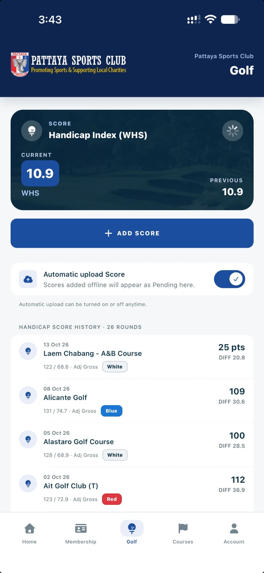 Pattaya Sports Club app, golf screen