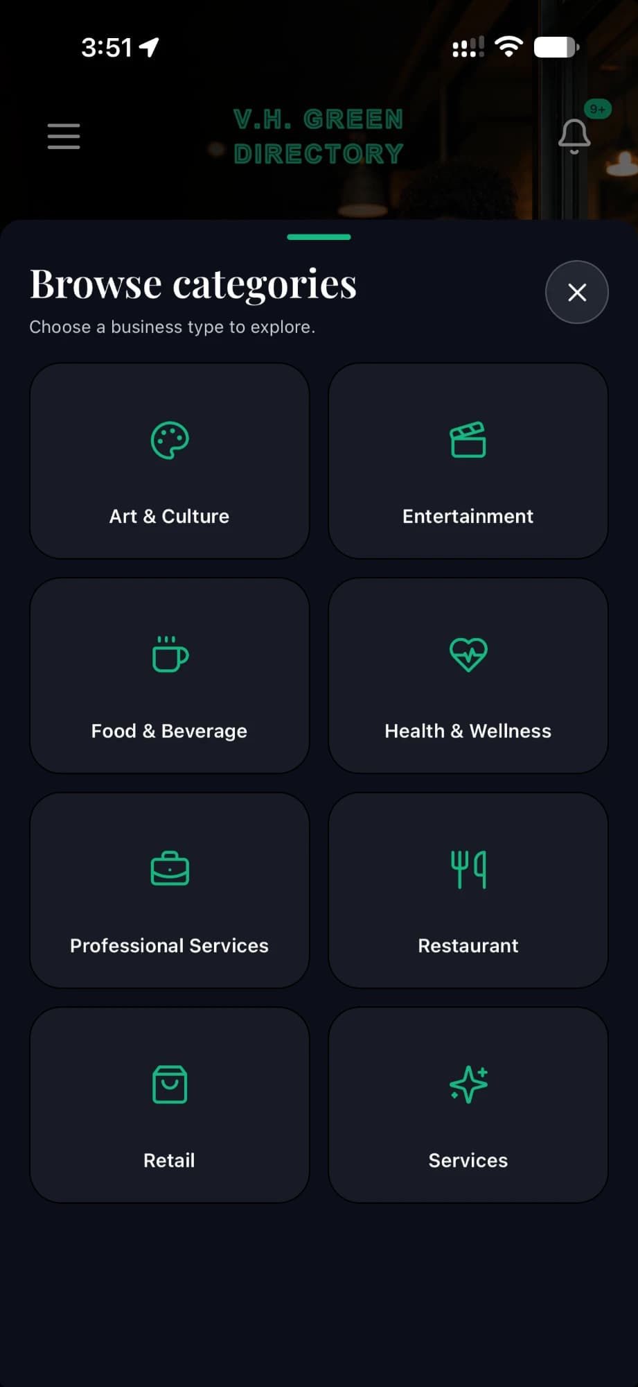 V.H. Green Directory app, categories screen